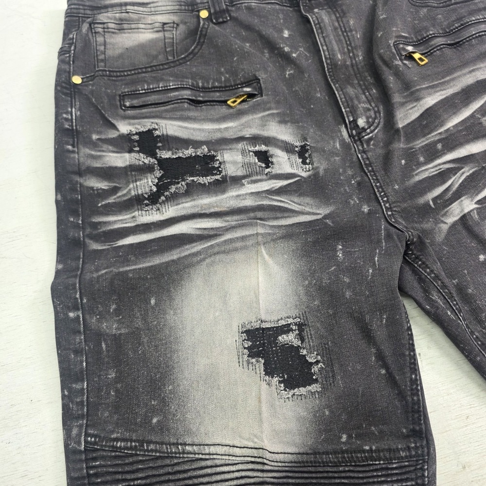 Makobi Biker Shorts Men's Size 44 Black Acid Wash Distressed Moto Streetwear Y2K - Picture 4 of 9